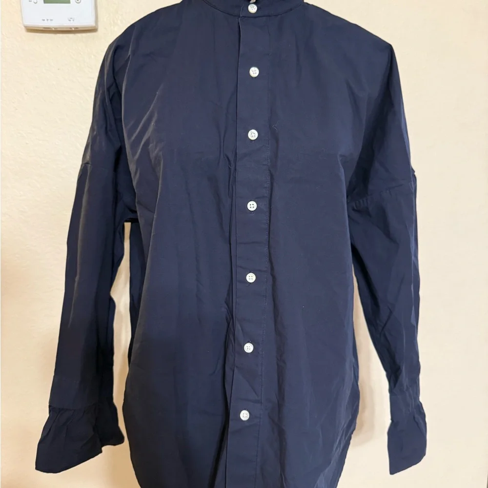 Alex Mill Navy Ruffle Neck Blouse Womens XS Cotton Elegant Trendy Button Up - Picture 4 of 8